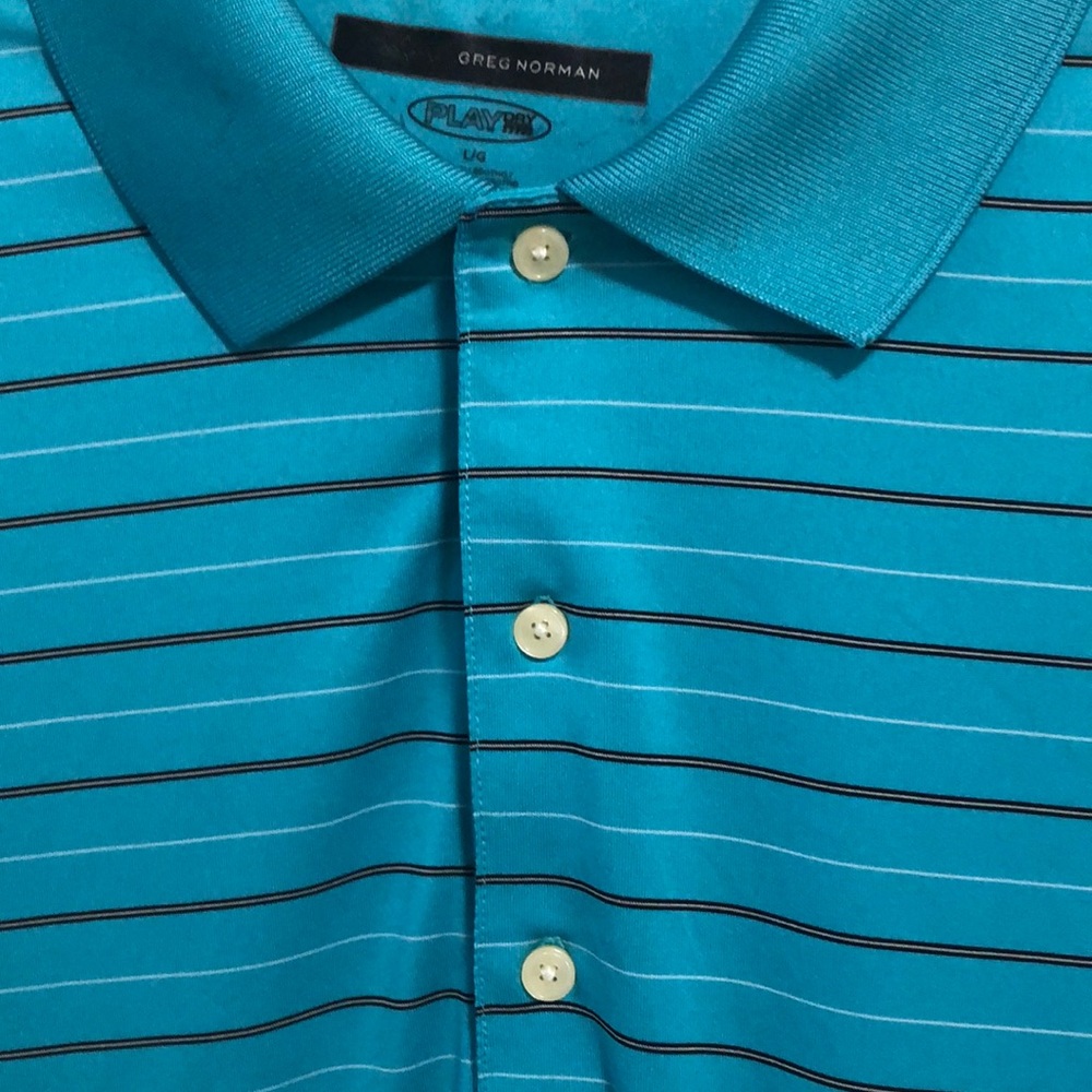 Greg Norman Shirt Polo Top Play Dry SZ L Blue Striped - Picture 2 of 5
